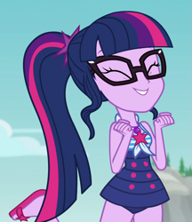 Size: 815x945 | Tagged: safe, derpibooru import, screencap, sci-twi, twilight sparkle, better together, equestria girls, forgotten friendship, adorkable, clothes, cropped, cute, dork, eyes closed, feet, flip-flops, geode of telekinesis, glasses, ponytail, raised leg, sandals, swimsuit, twiabetes