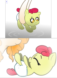 Size: 782x1060 | Tagged: safe, artist:lazynore, derpibooru import, apple bloom, pear butter, pony, age regression, baby, baby apple bloom, baby pony, comic, crinklybloom, diaper, foal, tumblr