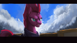 Size: 1920x1080 | Tagged: safe, alternate version, artist:hierozaki, derpibooru import, tempest shadow, pony, unicorn, my little pony: the movie, armor, broken horn, cloud, eye scar, letterboxing, scar, sky, solo