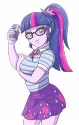 Size: 1865x2937 | Tagged: safe, artist:sumin6301, derpibooru import, edit, sci-twi, twilight sparkle, better together, equestria girls, clothes, energy drink, female, geode of telekinesis, glasses, looking at you, magical geodes, ponytail, red bull, simple background, skirt, smiling, solo, white background