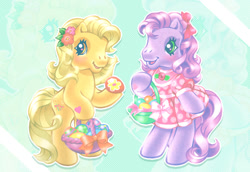 Size: 1116x767 | Tagged: safe, artist:lyn fletcher, derpibooru import, butterscotch (g3), wysteria, earth pony, pony, g3, basket, bipedal, blushing, bow, clothes, cute, dress, duo, easter, easter basket, easter egg, egg, female, food, g3betes, hair bow, heart, heart eyes, heart hoof, holiday, mare, official, official art, pink dress, scan, wingding eyes