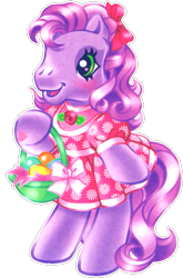 Size: 533x810 | Tagged: safe, artist:lyn fletcher, derpibooru import, edit, wysteria, earth pony, pony, g3, basket, bipedal, bow, clothes, cute, dress, easter, easter basket, easter egg, egg, female, food, g3betes, hair bow, heart, heart eyes, heart hoof, holiday, mare, official, pink dress, scan, simple background, smiling, solo, transparent background, wingding eyes