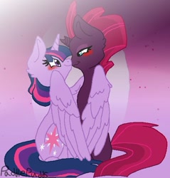 Size: 518x541 | Tagged: safe, artist:paddlepudds, derpibooru import, tempest shadow, twilight sparkle, twilight sparkle (alicorn), alicorn, female, hug, lesbian, shipping, tempestlight, winghug