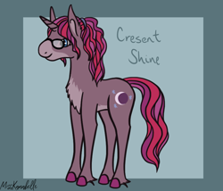 Size: 1750x1500 | Tagged: safe, artist:misskanabelle, derpibooru import, oc, oc only, oc:cresent shine, pony, unicorn, chest fluff, colored hooves, crack ship offspring, female, glasses, mare, offspring, parent:moondancer, parent:star bright, parents:moonbright, signature, solo