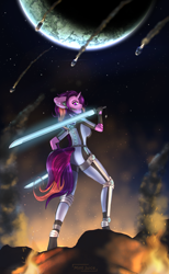 Size: 3200x5200 | Tagged: safe, artist:mintjuice, derpibooru import, oc, oc only, oc:thunder blast, alien, anthro, unicorn, anthro oc, clothes, drop pod, energy sword, exosuit, female, fire, invasion, landing, looking at you, mare, night, planet, sky, weapon, ych result