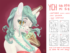 Size: 1200x886 | Tagged: safe, artist:brazhnik, derpibooru import, oc, anthro, unicorn, advertisement, bra, breasts, bust, clothes, commission, commission info, emotions, female, food, full color, glowing horn, ice cream, looking at you, magic, one eye closed, portrait, solo, telekinesis, underwear, wink, ych example, your character here