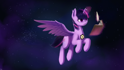 Size: 2560x1440 | Tagged: safe, artist:quvr, derpibooru import, twilight sparkle, twilight sparkle (alicorn), alicorn, fanfic:songs of the spheres, fanfic:the influence, alternate universe, commission, fanfic art, female, flying, magic, mare, notebook, quill, solo, space, spread wings, twilence, wings