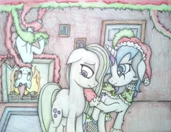 Size: 1584x1224 | Tagged: safe, artist:angelofthewisp, derpibooru import, marble pie, oc, oc:brimstone blaze, oc:sugar skull (angelofthewisp), bat pony, pony, best gift ever, fireplace, traditional art