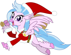 Size: 4368x3425 | Tagged: safe, artist:livehotsun, derpibooru import, silverstream, classical hippogriff, hippogriff, season 8, christmas, cute, diastreamies, female, happy, hat, holiday, looking at you, open mouth, sack, santa hat, simple background, solo, transparent background, vector