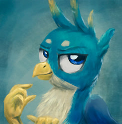 Size: 1028x1051 | Tagged: safe, artist:el-yeguero, derpibooru import, gallus, griffon, bust, looking at you, male, portrait, simple background, smiling, solo