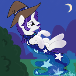 Size: 2100x2100 | Tagged: safe, artist:lannielona, derpibooru import, oc, oc only, oc:starshade, pony, unicorn, beard, broken glass, bush, cape, clothes, crescent moon, facial hair, gradient hooves, hat, levitation, magic, male, moon, moustache, night, solo, stallion, telekinesis, wizard, wizard hat, wizard robe, ych result