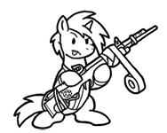 Size: 188x150 | Tagged: safe, artist:crazyperson, derpibooru import, pony, unicorn, fallout equestria, fallout equestria: commonwealth, black and white, duct tape, fanfic art, generic pony, grayscale, gun, monochrome, picture for breezies, rifle, simple background, squatting, tongue out, transparent background, weapon