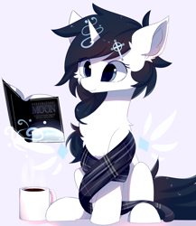 Size: 1300x1500 | Tagged: safe, artist:heddopen, derpibooru import, oc, oc only, oc:yuna hala, pony, unicorn, book, chest fluff, clothes, ear fluff, hairpin, magic, mug, scarf, solo