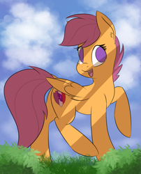 Size: 1377x1706 | Tagged: safe, artist:brok-enwings, derpibooru import, scootaloo, pegasus, pony, 60 min challenge, cutie mark, female, filly, looking at you, no pupils, open mouth, raised hoof, the cmc's cutie marks