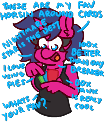 Size: 550x650 | Tagged: safe, artist:threetwotwo32232, derpibooru import, oc, oc:fizzy pop, anthro, unicorn, breasts, card, clothes, dialogue, female, mare, tanktop