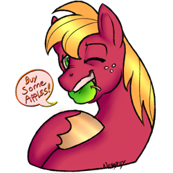 Size: 1000x1000 | Tagged: safe, artist:nessacity, derpibooru import, big macintosh, apple, buy some apples, food, mouth hold, one eye closed, signature, simple background, solo, speech bubble, transparent background, wink