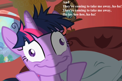 Size: 870x580 | Tagged: safe, derpibooru import, edit, edited screencap, screencap, twilight sparkle, lesson zero, cropped, faic, lyrics, napoleon xiv, sanity slippage, song reference, text, they're coming to take me away, twilight snapple