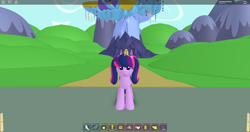 Size: 1920x1017 | Tagged: safe, artist:jimmyhook19202122, derpibooru import, twilight sparkle, unicorn twilight, pony, unicorn, alternate hairstyle, my little pony 3d: roleplay is magic, pigtails, ponyville, roblox, twilight's castle