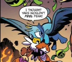 Size: 387x334 | Tagged: safe, artist:andypriceart, derpibooru import, idw, gallus, fox, griffon, rabbit, squirrel, spoiler:comic, spoiler:comic71, animal, cropped, flying, male, paws, speech bubble, spread wings, wings