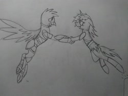 Size: 2560x1920 | Tagged: safe, artist:derpanater, derpibooru import, oc, griffon, pony, unicorn, fallout equestria, armor, clothes, female, flying, jumping, looking at each other, love, male, oc x oc, raider, romantic, shipping, smiling, straight, traditional art