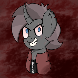 Size: 900x900 | Tagged: safe, artist:feelingpandy, derpibooru import, oc, oc only, oc:rage, pony, unicorn, fallout equestria, bloodshot eyes, bust, clothes, edgy, fallout equestria oc, grin, male, multicolored hair, raider, red background, scar, sharp teeth, simple background, smiling, stallion, teeth