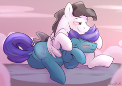 Size: 1934x1352 | Tagged: dead source, safe, artist:sidekick, derpibooru import, mercury, open skies, starry eyes (character), pegasus, pony, blushing, cloud, colt cuddling, cuddling, cute, dock, featureless crotch, floppy ears, gay, male, plot, shipping, starryskies, underhoof, wavy mouth