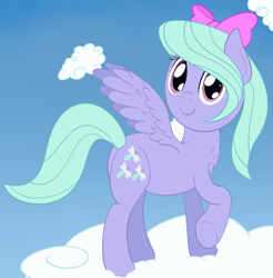 Size: 1065x1083 | Tagged: safe, artist:nitei, derpibooru import, flitter, pegasus, pony, bow, chest fluff, cloud, looking at you, raised hoof, smiling, spread wings, standing, wings