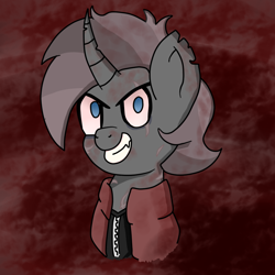 Size: 900x900 | Tagged: safe, alternate version, artist:feelingpandy, derpibooru import, oc, oc only, oc:rage, pony, unicorn, fallout equestria, blood, bloodshot eyes, bust, clothes, edgy, fallout equestria oc, grin, male, multicolored hair, raider, red background, scar, sharp teeth, simple background, smiling, stallion, teeth