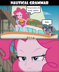 Size: 1918x2333 | Tagged: safe, derpibooru import, edit, edited screencap, editor:leonidus, screencap, pinkie pie, rarity, twilight sparkle, equestria girls, equestria girls series, the salty sails, clothes, dialogue, funny, narrowed eyes, ocean, pirate, pun, ship, swimsuit, text