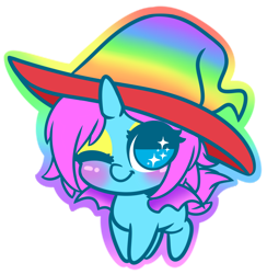 Size: 1280x1314 | Tagged: safe, artist:wickedsilly, derpibooru import, oc, oc only, oc:chroma wave, alicorn, bat pony, bat pony alicorn, bat pony oc, blushing, chibi, cute, eyeshadow, femboy, hat, hecking cute, makeup, male, ocbetes, one eye closed, simple background, smiling, solo, transparent background, wingding eyes, wink