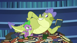 Size: 1280x720 | Tagged: safe, derpibooru import, screencap, sludge (g4), spike, dragon, father knows beast, book, winged spike