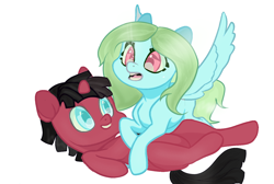 Size: 1412x947 | Tagged: safe, derpibooru import, oc, oc only, oc:neon, oc:zozzle, pegasus, pony, unicorn, adorable face, blank flank, couple, cute, foal, lying down, on side, on top