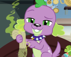 Size: 894x720 | Tagged: safe, derpibooru import, screencap, spike, spike the regular dog, dog, better together, equestria girls, reboxing with spike!, collar, cropped, dirty sock, looking at you, male, paws, sci-twi's room, smelly, smiling, tail