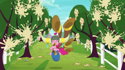 Size: 1280x720 | Tagged: safe, derpibooru import, screencap, pinkie pie, earth pony, pony, yakity-sax, apple tree, applesauce, female, fence, mare, solo, sweet apple acres, tree, yovidaphone