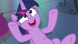 Size: 1280x720 | Tagged: safe, derpibooru import, screencap, twilight sparkle, twilight sparkle (alicorn), alicorn, pony, a health of information, cute, excited, female, lying down, on back, pillow, smiling, solo, twiabetes