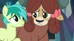Size: 1280x720 | Tagged: safe, derpibooru import, screencap, sandbar, yona, earth pony, pony, yak, school raze, female, looking at each other, male, sad, story in the comments, teenager