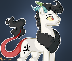 Size: 1024x861 | Tagged: safe, artist:dianamur, derpibooru import, oc, oc only, oc:prince illusion, hybrid, pony, chest fluff, colored sclera, draconequus hybrid, gradient background, horns, interspecies offspring, kilalaverse, male, offspring, parent:discord, parent:princess celestia, parents:dislestia, signature, solo