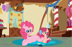 Size: 2480x1616 | Tagged: safe, artist:starshinejl, derpibooru import, pinkie pie, oc, oc:cup cake, earth pony, pony, balloon, female, mother and child, mother and daughter, offspring, parent and child, parent:cheese sandwich, parent:pinkie pie, parents:cheesepie, sugarcube corner