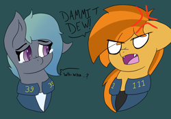 Size: 6000x4200 | Tagged: safe, artist:feelingpandy, derpibooru import, oc, oc only, oc:dew, oc:pumpkin spice, bat pony, pony, fallout equestria, absurd resolution, angry, bat pony oc, bust, clothes, cross-popping veins, fanfic, fanfic art, fangs, female, gradient mane, mare, open mouth, sad face, silly, simple background, teary eyes, text, vault suit, white eyes, yelling