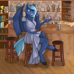 Size: 1280x1280 | Tagged: safe, artist:tempusfidgets, derpibooru import, oc, oc only, oc:midnight harmony, anthro, bat pony, unguligrade anthro, vampony, anthro oc, bar, bat pony oc, clothes, dress, female, glass, mare, sitting, solo, wine glass