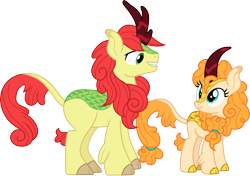 Size: 2129x1500 | Tagged: safe, artist:cloudyglow, derpibooru import, bright mac, pear butter, kirin, the perfect pear, brightbutter, cloven hooves, colored hooves, female, freckles, kirin-ified, looking at each other, male, shipping, simple background, smiling, species swap, straight, transparent background, vector