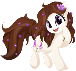 Size: 1675x1552 | Tagged: safe, artist:xsidera, derpibooru import, oc, oc only, oc:violet aria, earth pony, pony, cute, female, flower, flower in hair, happy, looking at you, mare, open mouth, simple background, solo, transparent background