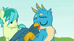 Size: 1280x720 | Tagged: safe, derpibooru import, screencap, gallus, sandbar, earth pony, pony, non-compete clause, chest fluff, cutie mark, eyes closed, male, teenager, wings