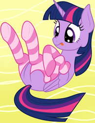 Size: 1550x2000 | Tagged: safe, artist:nitei, derpibooru import, twilight sparkle, twilight sparkle (alicorn), alicorn, pony, abstract background, clothes, cute, dressing, on back, show accurate, socks, solo, striped socks, tongue out, underhoof