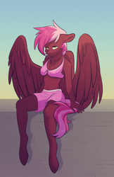 Size: 2598x4020 | Tagged: safe, artist:raponee, derpibooru exclusive, derpibooru import, oc, oc only, oc:zeny, anthro, pegasus, unguligrade anthro, bedroom eyes, belly button, bikini, bikini top, breasts, cleavage, clothes, female, looking at you, midriff, shorts, sitting, smiling, solo, spread wings, sunset, swimming trunks, swimsuit, wall, wings