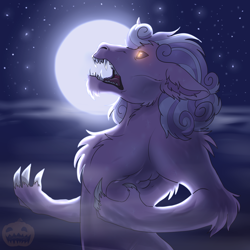 Size: 2000x2000 | Tagged: safe, artist:shimazun, derpibooru import, oc, oc:quartz horn, pony, unicorn, werewolf, claws, moon, nightmare night, scary, solo