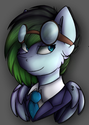 Size: 715x1005 | Tagged: safe, artist:deraniel, derpibooru import, oc, oc:gryph xander, pegasus, pony, bust, clothes, goggles, gradient mane, male, necktie, stallion, wings