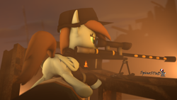 Size: 1920x1080 | Tagged: safe, artist:spinostud, derpibooru import, oc, 3d, building, clothes, debris, female, gun, hat, lying, mare, random pony, rifle, sniper, sniper rifle, solo, source filmmaker, uniform, weapon