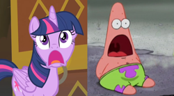 Size: 1038x574 | Tagged: safe, derpibooru import, twilight sparkle, twilight sparkle (alicorn), alicorn, better together, equestria girls, forgotten friendship, comparison, faic, patrick star, shocked, spongebob squarepants, surprised, surprised patrick, the spongebob squarepants movie