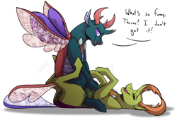 Size: 1800x1200 | Tagged: safe, artist:percy-mcmurphy, derpibooru import, pharynx, thorax, changedling, changeling, brotherly love, brothers, changedling brothers, cute, dialogue, king thorax, male, misleading thumbnail, pharybetes, prince pharynx, sitting on person, thorabetes, tickling